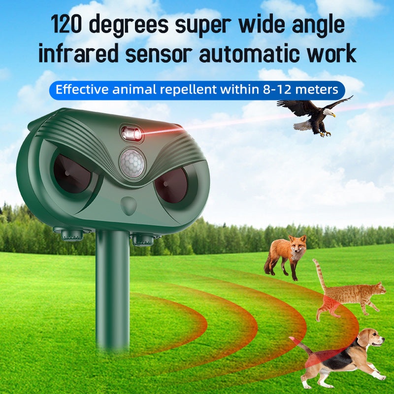 Green Advanced Solar Powered Ultrasonic Animal Repeller – Outdoor Pest Deterrent with Motion Sensor, Strobe Light & Laser