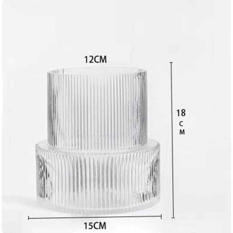 Transparent Modern Two-Tier Ribbed Glass Vase – Elegant Cylindrical Flower Centrepiece for Home Decor