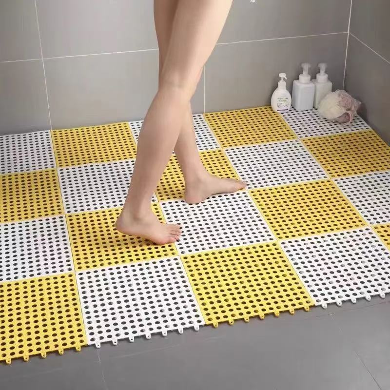 White And Yellow DIY Interlocking Non-Slip Floor Tiles – 12-Pack PVC Drainage Mat for Shower & Bathroom Safety