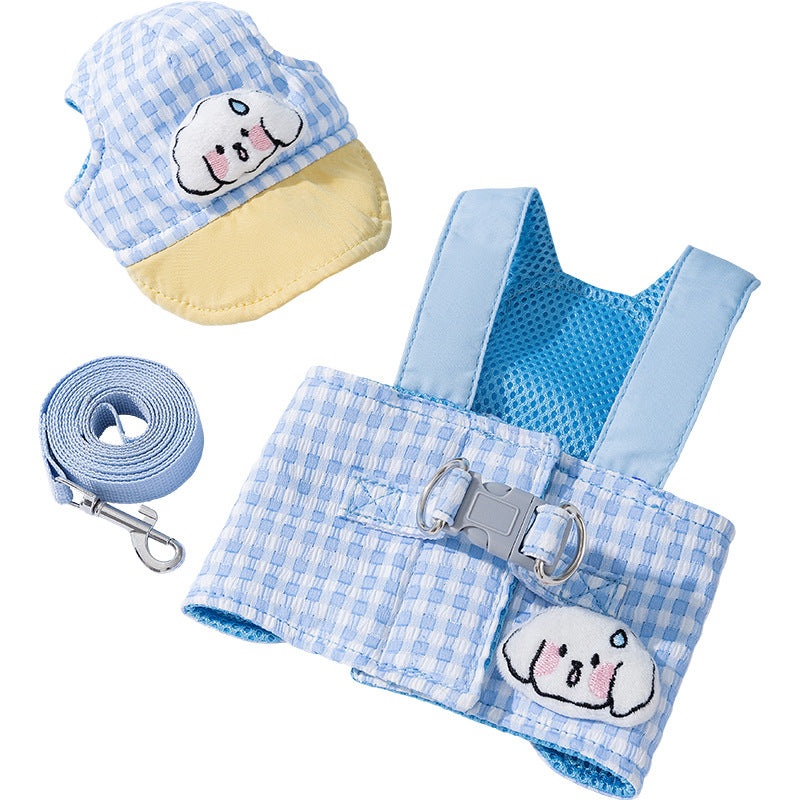 XL Blue Pet Sun Hat with Adjustable Strap + Leash & Harness 3-Piece Set – Breathable Summer Cap for Dogs & Cats with Ear Holes