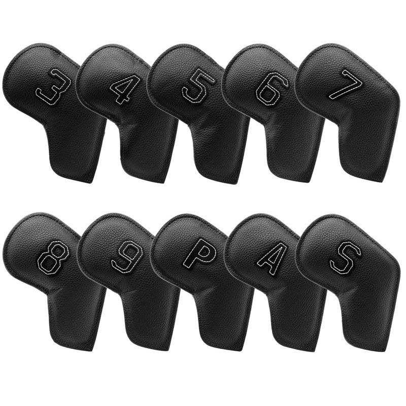 Black Golf Iron Head Covers Set of 10 – Waterproof PU Leather Club Protectors with Embroidered Numbers (3-9, P, A, S)