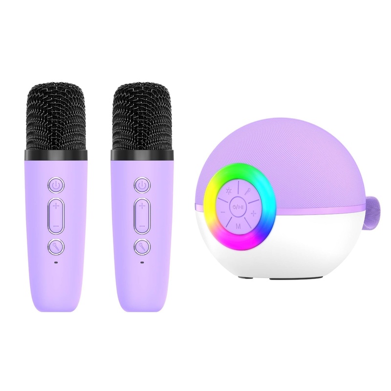 Mini Karaoke Machine – 2x Wireless Microphones Portable Bluetooth Speaker Purple