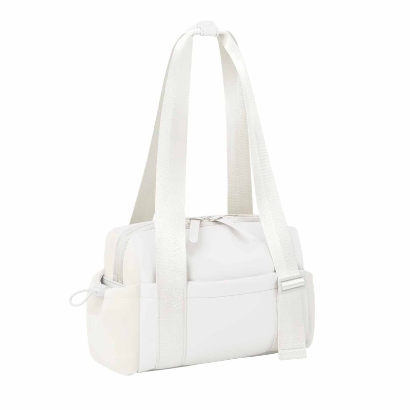 Stylish white Mini Gym Bag & Travel Tote – Compact Duffel with Wet Pocket, Luggage Sleeve & Multiple Compartments