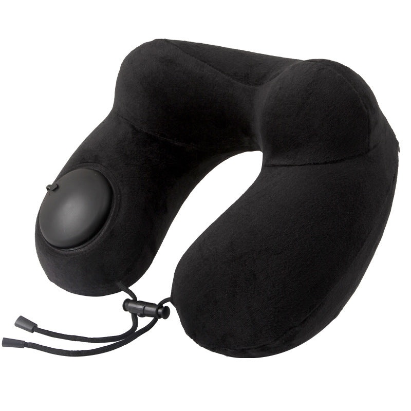Black Press-to-Inflate Travel Neck Pillow – Ergonomic U-Shaped Cushion for Airplane and Car