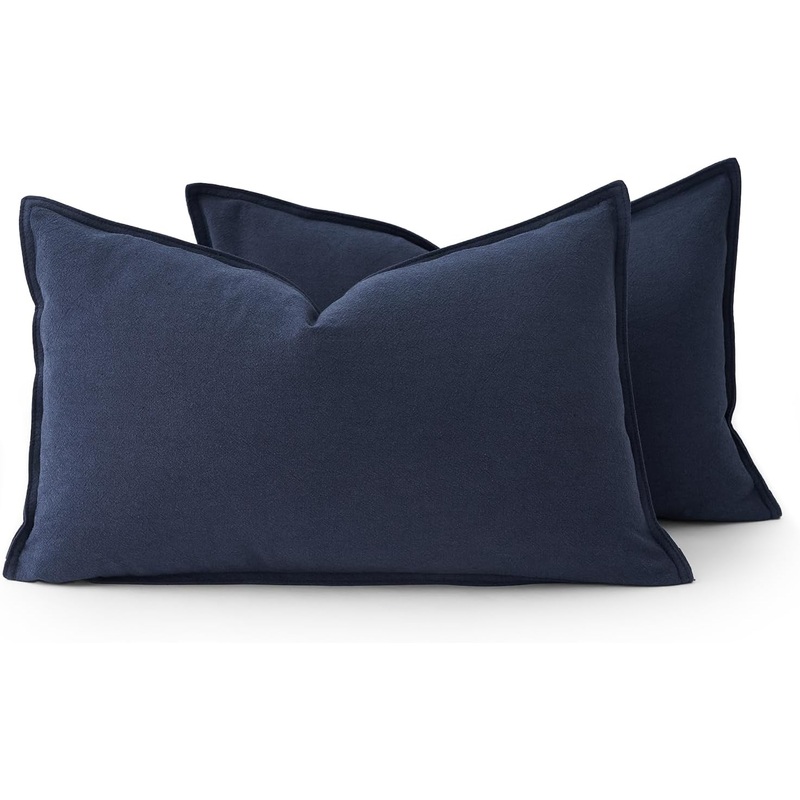 Linen Cushion Covers – 30% Linen 70% Cotton Blend, Soft & Breathable with Hidden Zipper Design – Navy Blue, 30cm x 50cm (Twin Pack)