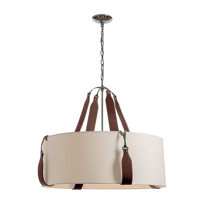 Saratoga Large Pendant Polished Nickel British Brown Leather Flax Shade (SE)
