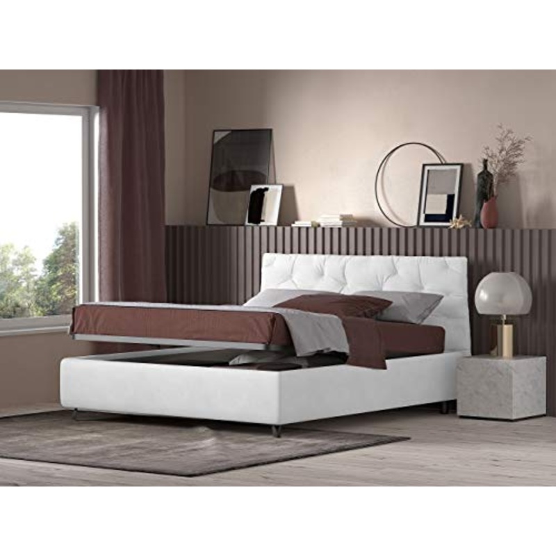 Talamo Italia Letto contenitore matrimoniale Beethoven, Made in Italy, Struttura in ecopelle imbottita, Adatto a materasso 160×190 cm, Bianco