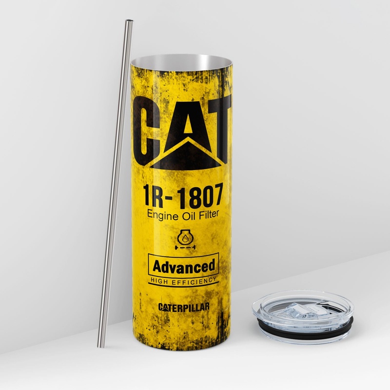 Yellow Skinny Tumbler (591ml) – Fun CAT Oil Filter Replica for Construction Fans
