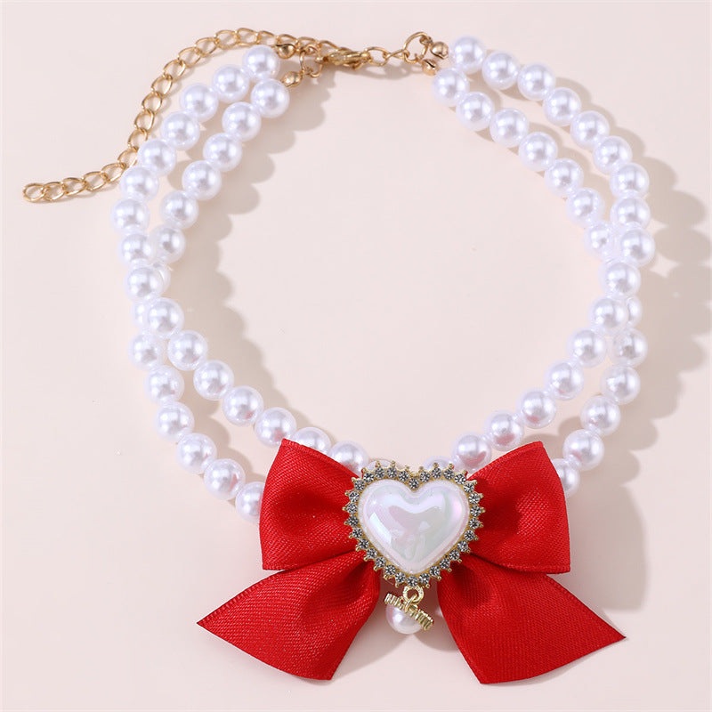 2 – PCS Cute Pet Pearl Necklace Collar with Red Bow and Heart Charm – Size S