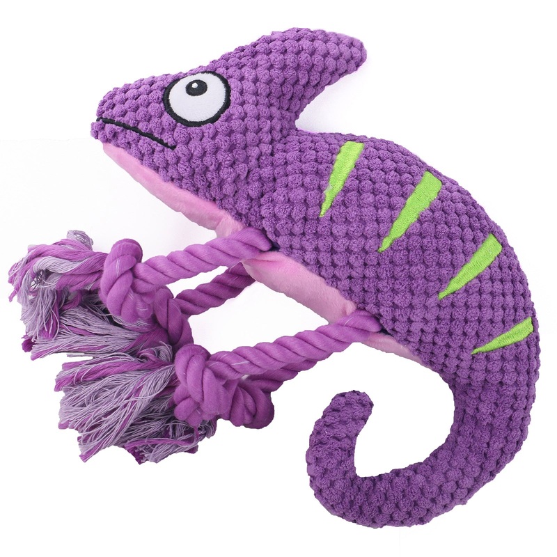 2 Pcs Purple Interactive Plush Chameleon Dog Toy with Squeaker & Rope Legs – Durable Chew Toy for Medium/Large Dogs, Teeth Cleaning Texture, Machine Washable (10.2in)