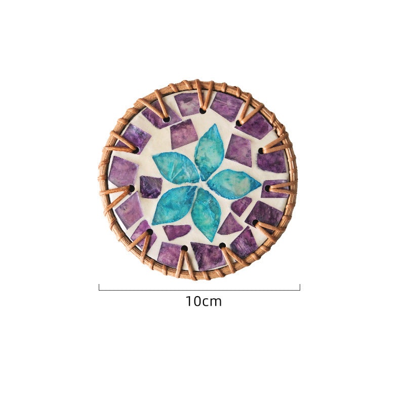4 Pcs Beige Background With Blue and Purple flower Handcrafted Rattan Coaster with Natural Shell Inlay – Decorative & Heat Insulating Drink Mat