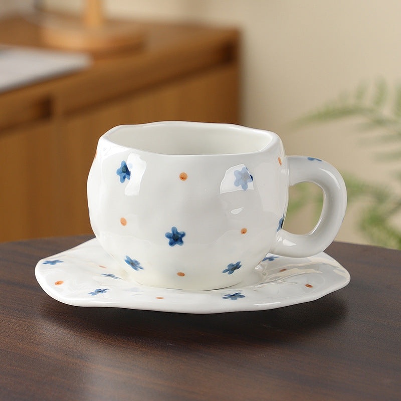 Hand-Painted Ceramic Coffee Cup and Saucer Set – Vintage Afternoon Tea(Blue five-pointed star)
