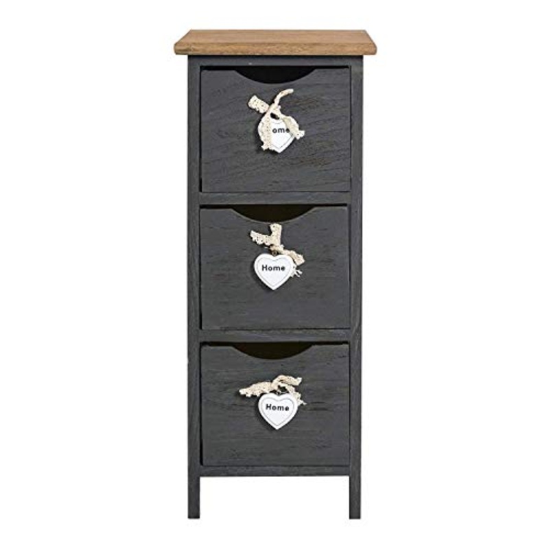 Rebecca Mobili Comodino grigio, cassettiera montata, 3 cassetti, stile shabby, per camera bagno, legno di paulownia – Misure: 56 x 25 x 25 cm (HxLxP) – Art. RE4559