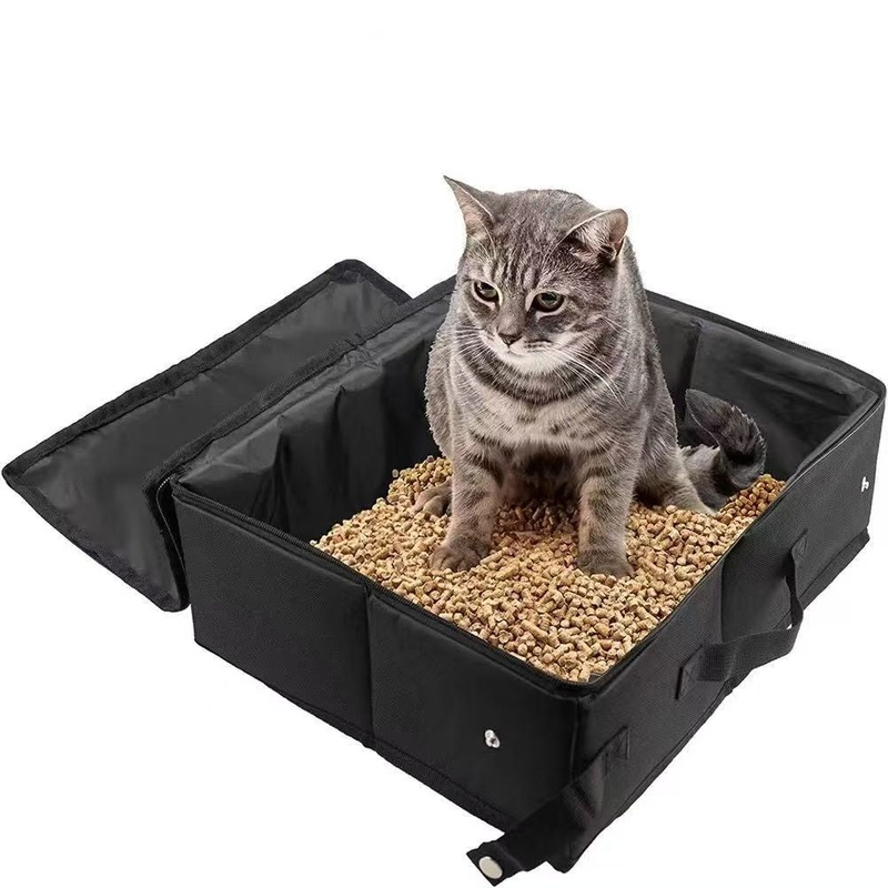 Black Portable Foldable Cat Litter Box – Waterproof Travel Litter Pan for Cats