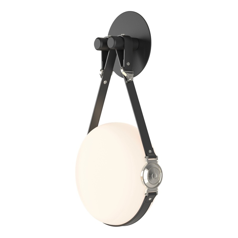 Derby LED Sconce Black Polished Nickel with Black Leather Non-Branded Plate