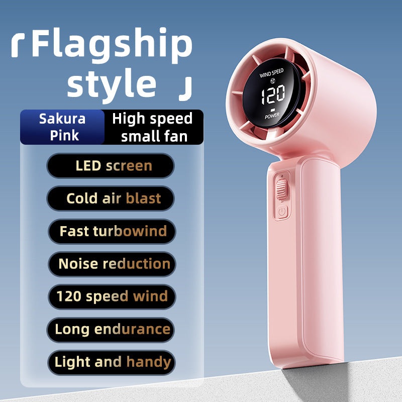 Pink Portable Handheld Fan with 120-Speed Display – USB Rechargeable Mini Cooling Fan for Outdoor Use