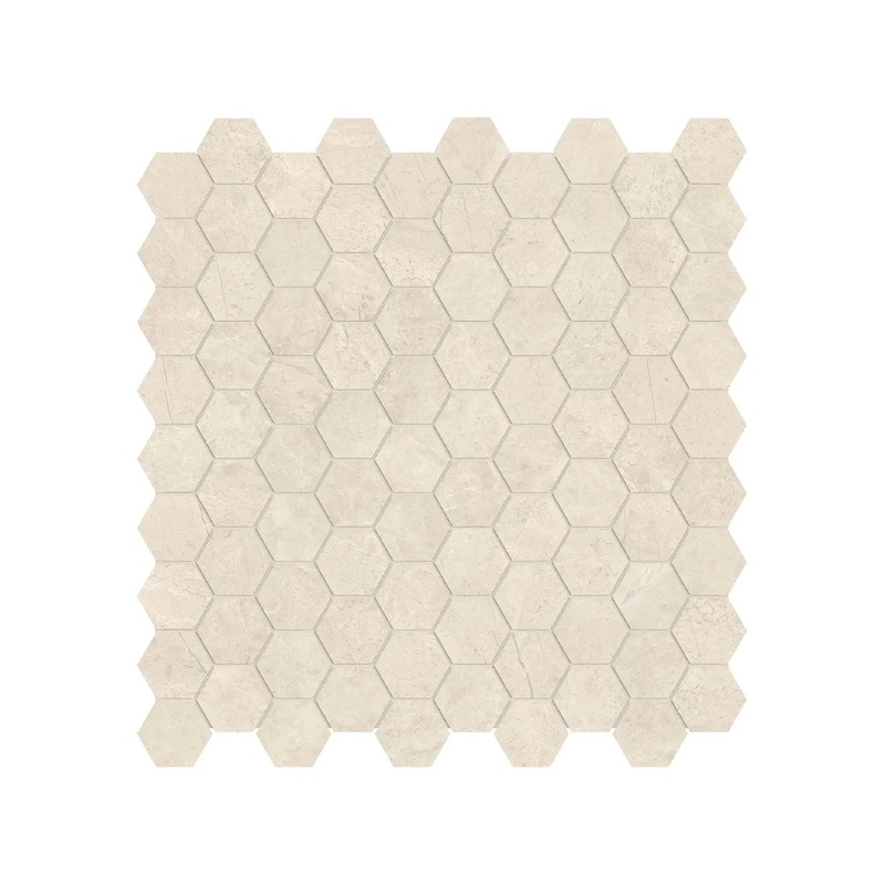 1.25 Inch Mayfair Allure Ivory Polished Porcelain Hexagon Mosaics. 1 Sheet = .97 Sq. Ft. 1.25″