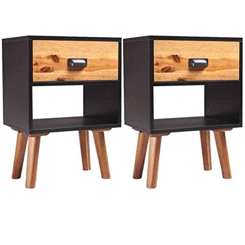 Ausla – Comodino 2 pezzi, tavolino da notte con cassetto e scomparto aperto, in legno di acacia massiccio, mobile portaoggetti per soggiorno, camera, ufficio, 40 x 30 x 58 cm
