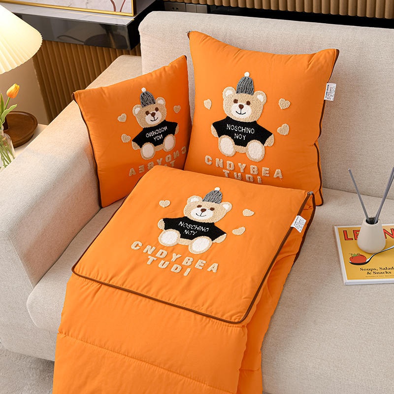 Orange Cap Bear 2-in-1 Foldable Car Pillow Blanket – Cozy 40x40cm Pillow, Unfolds to 100x150cm Blanket for Travel and Office Naps