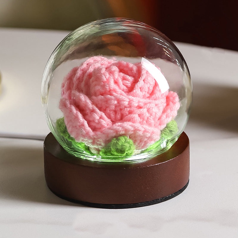 Pink Rose Handcrafted Crochet Flower LED Night Light – USB Rechargeable Glass Dome Lamp with Wood Base, 3 Color Modes