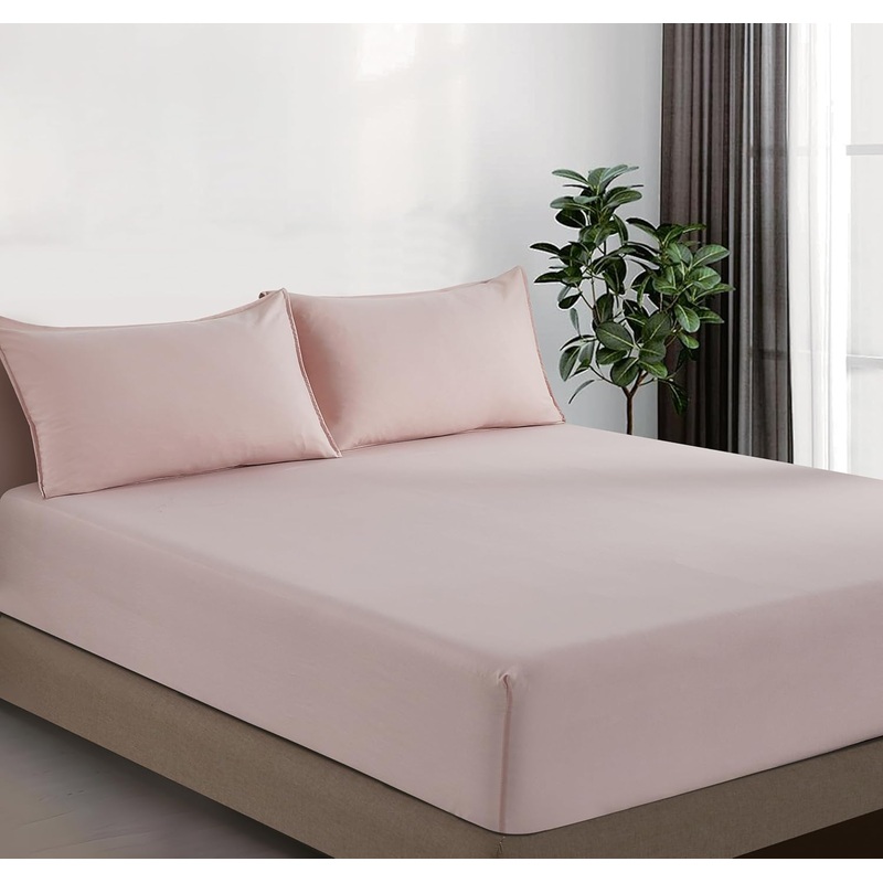 100% Vintage Washed Microfibre Fitted Sheet Set  Ultra Soft & Lightweight All-Season Fitted Sheet with 1 Pillowcase (Pink, Single Size)