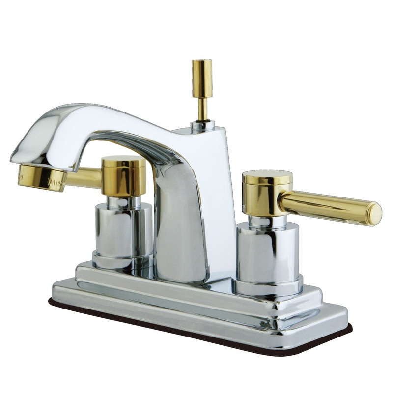 Concord KS8644DL Two-Handle 3-Hole Deck Mount 4″ Centerset Bathroom Faucet with Brass Pop-Up, Polished Chrome/Polished Brass