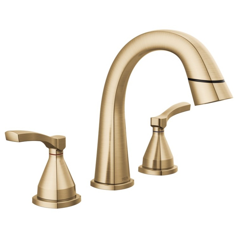 Lavatory Faucet Stryke Widespread 4-16 Inch Spread 2 Lever ADA WaterSense Lumicoat Champagne Bronze 1.2 Gallons per Minute Metal Pop-Up 3 Hole Diamond Seal Technology