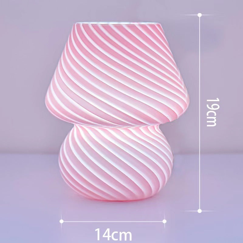 Pink Retro Swirl Glass Mushroom Table Lamp – USB Powered 3-Level Dimmable Bedside Accent Light