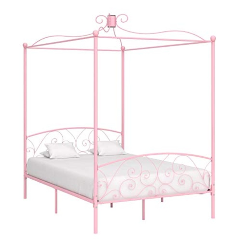 SKM Letto a Baldacchino Rosa in Metallo 140×200 cm