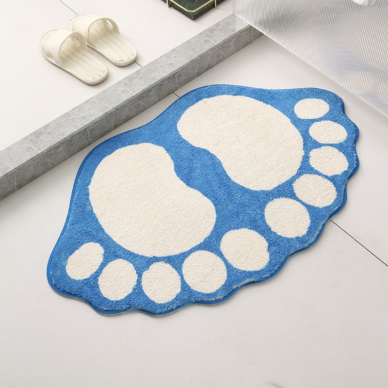 2 Pcs Blue And White Foot-Shaped Plush Bath Mat – Non-Slip Absorbent Bathroom Rug for Bedroom and Doorway (50x80cm)