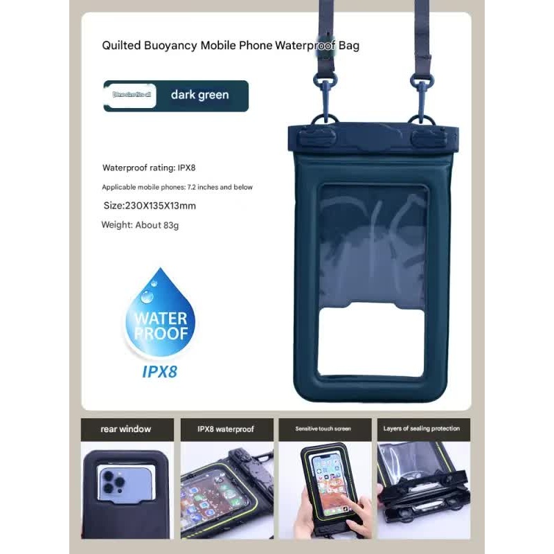 IPX8 Waterproof Phone Pouch with Inflatable Floating Layer,Touchscreen Dry Bag for Swimming(dark green)