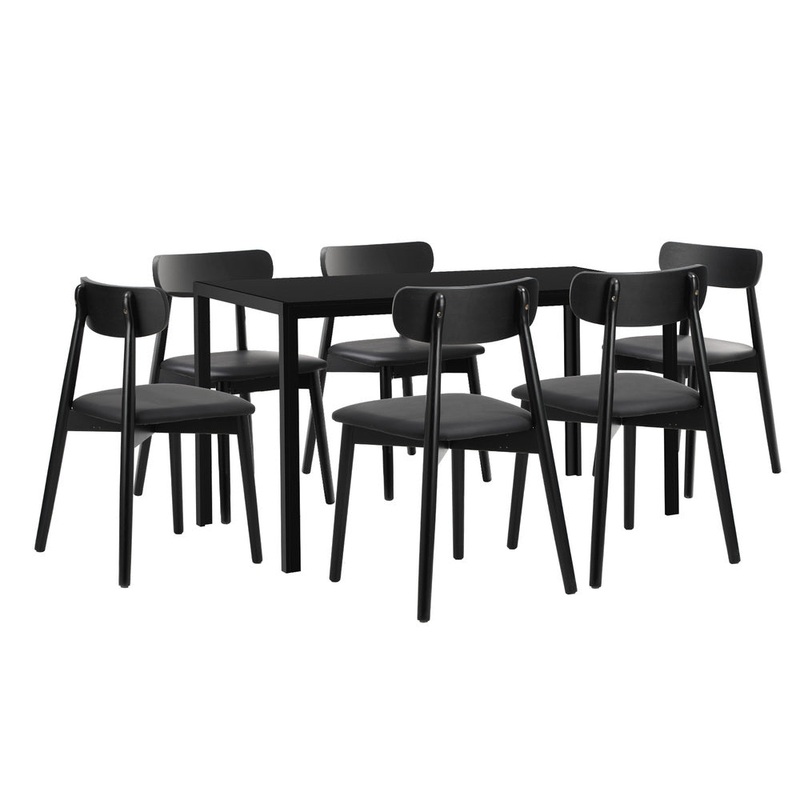 Oikiture 1.4m Dining Table with 6PCS Wooden Chairs Set PU Leather Black