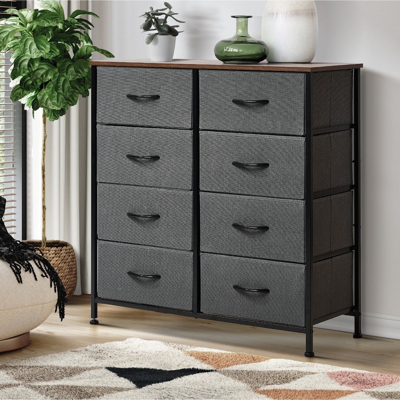 Oikiture 8 Chest of Drawers Fabric Grey Wooden Tabletop