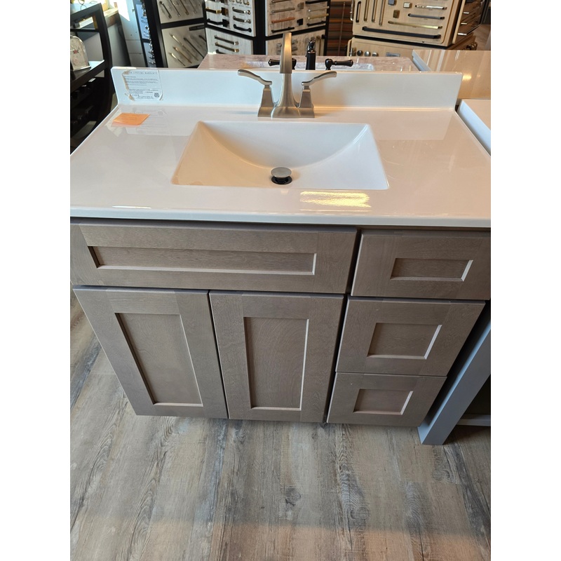 36″ Grey JSI Vanity with Bertch Solid Surface Top and Brushed Nickel Kohler Faucet