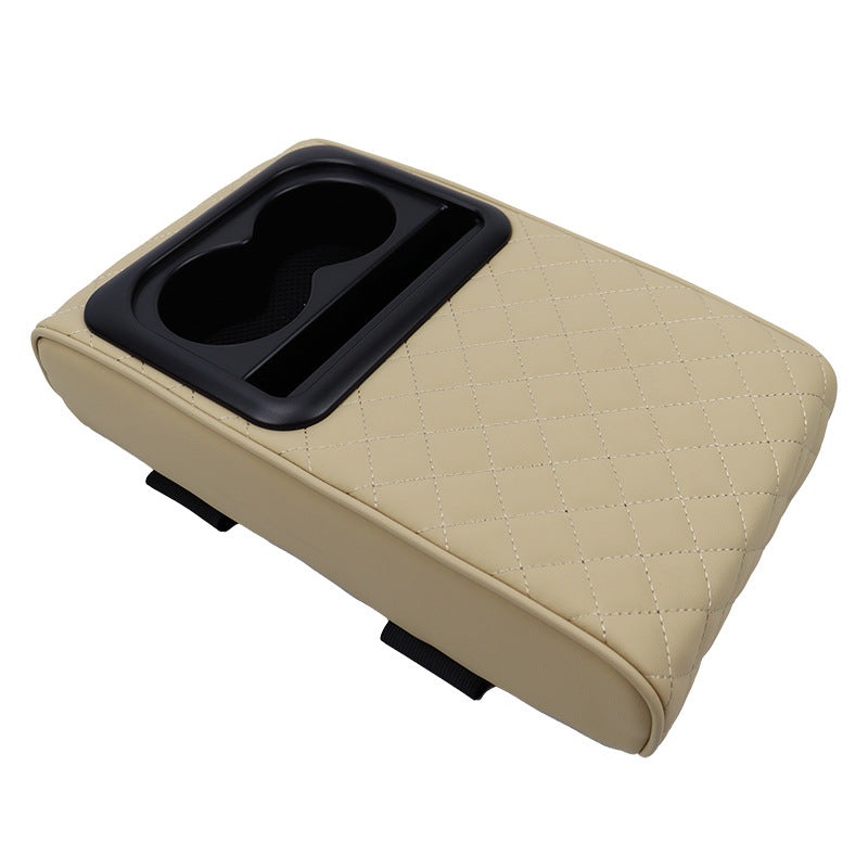 Beige Auto Center Console Armrest Riser Pad with Dual Cup Holders – PU Leather
