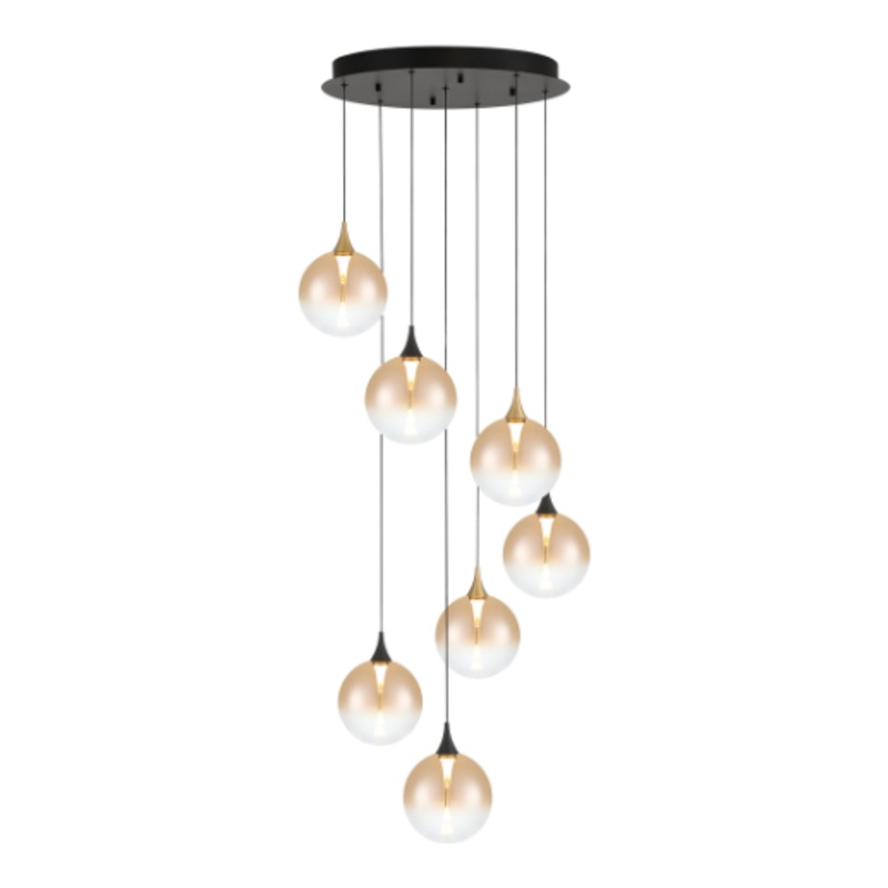 Iissa 7-Light 21″ Chandelier Gold-Black Amber Glass