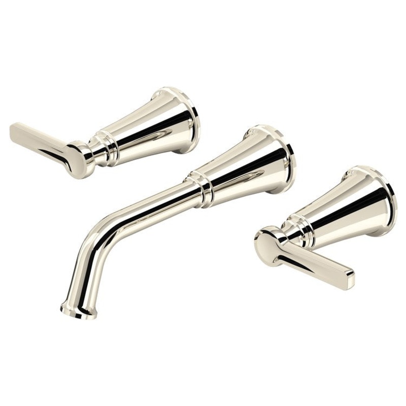 Lavatory Faucet Momenti Widespread 8 Inch Spread 3 Lever ADA Watersense Polished Nickel 1.2 Gallons per Minute Wall Mount Less Drain 3 Hole