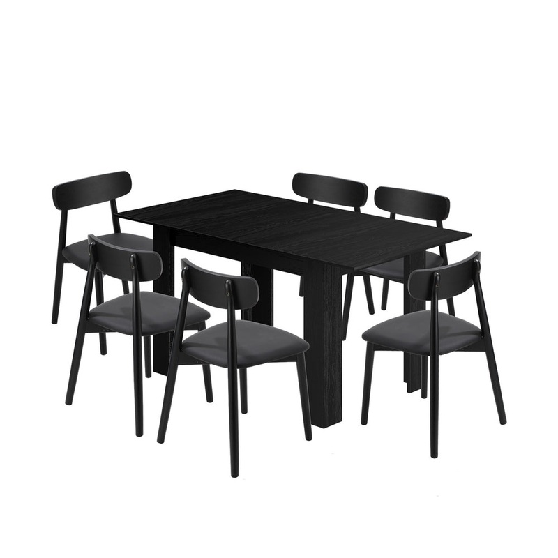 Oikiture 160cm Extendable Dining Table with 6x Dining Chairs PU Leather Black