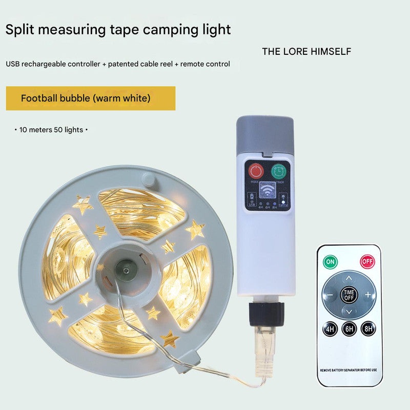 (Rugby 10m 50 lights warm white) Camping tent light kit – rechargeable power supply, spool light string, remote control