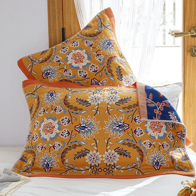 Single Yellow Floral Pillow Towel Premium Cotton Gauze Pillow Towel Pair – Simple Nordic Style (52x75cm)