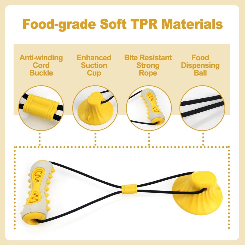 Yellow Interactive Dog Suction Cup Tug Toy – Durable TPR Chew & Treat Dispenser for Teeth Cleaning & Solo Play