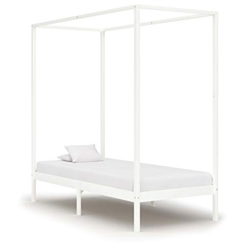 BIGTO – Struttura letto a baldacchino in legno di pino massiccio, per camera da letto, 90 x 200 cm, colore: Bianco