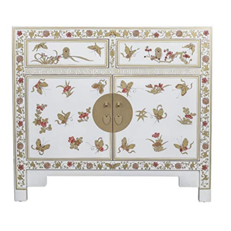 Fine Asianliving Credenza Cinese Farfalle Dipinti a Mano Bianca L90xP40xA80cm Armadio Cinese Cassettiera cinese Armadi cinesi Mobili Asia orientale90 x 80 x 40