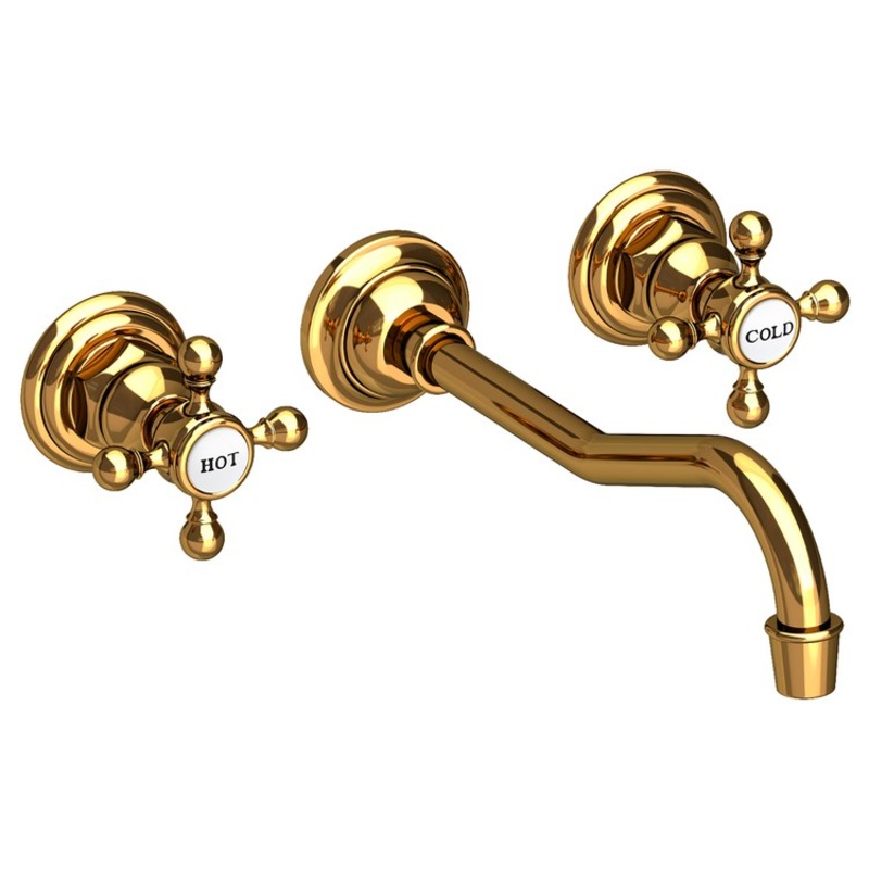 Lavatory Faucet Chesterfield Wall Mount 8 Inch Spread 2 Cross ADA WaterSense Polished Gold PVD 1.2 Gallons Per Minute Brass Less Drain Spout Reach 9-3/4 Inch