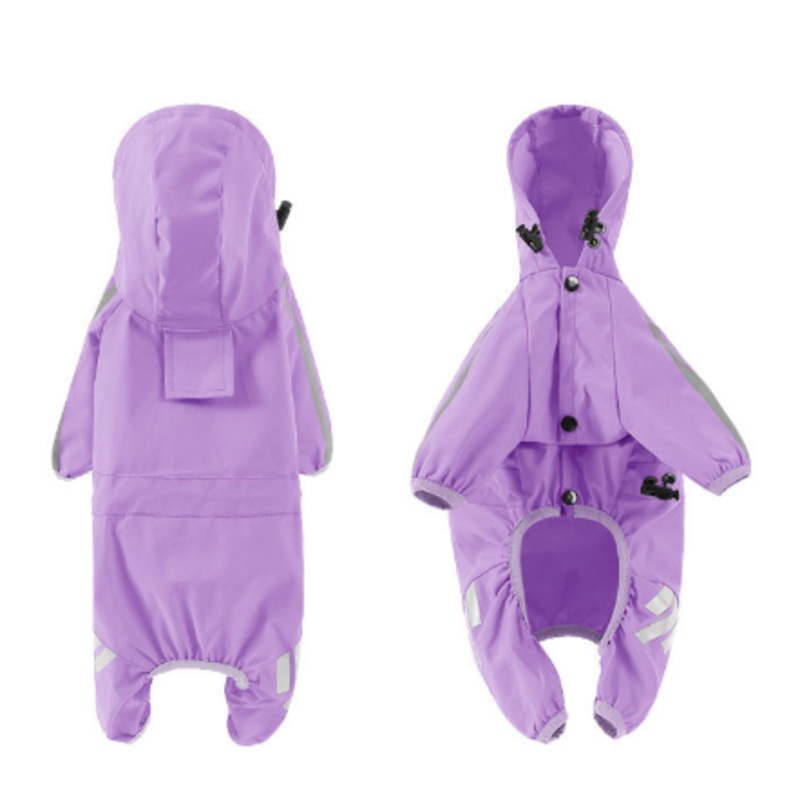 M Purple And Gray Trim Waterproof Four-Legged Dog Raincoat with Leash Hole for Small Breeds
