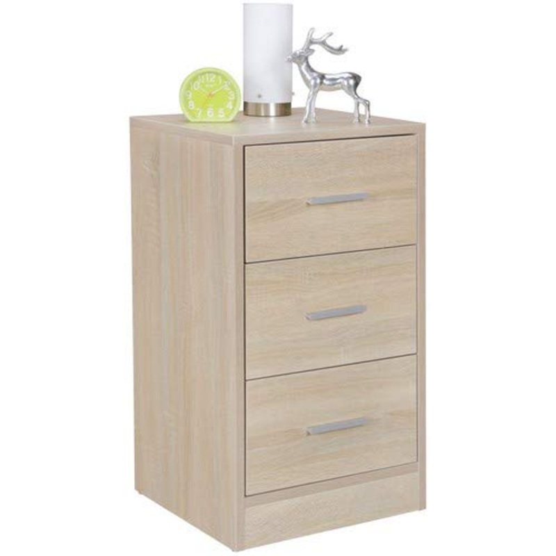 WOHNLING Comodino Olav Legno Comodino a 3 cassetti Sonoma Moderno | Design Comodino 37,5 x 68 x 35 cm | Extra Alta Comodino