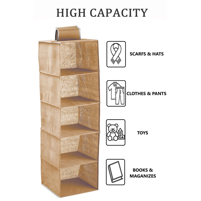 3 Pack 5-Tier Shelf Hanging Closet Organizer and Storage for Clothes (Beige)