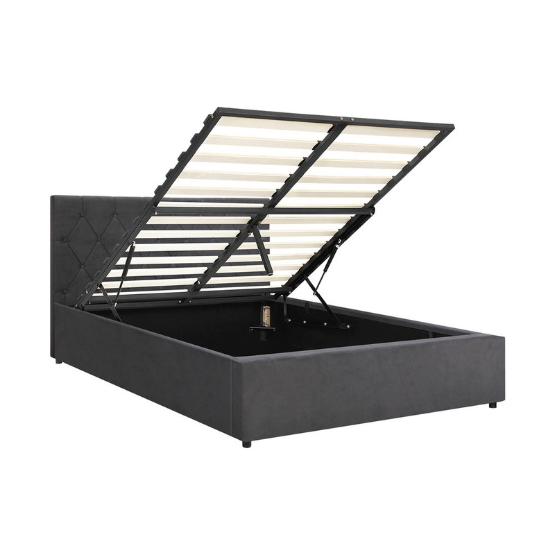 Bed Frame Queen Size Gas Lift Base Storage Fabric Grey
