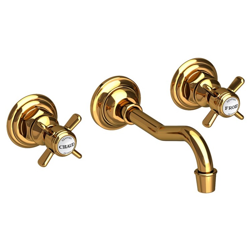 Lavatory Faucet Fairfield Wall Mount 8 Inch Spread 2 Cross ADA WaterSense Polished Gold PVD 1.2 Gallons Per Minute Brass Less Drain Spout Reach 7-1/4 Inch
