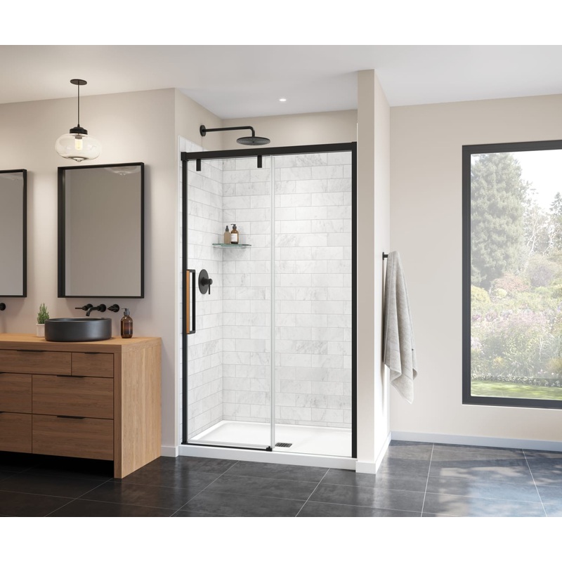MAAX 135323-900-285-000 Uptown 44-47 x 76 in. 8 mm Sliding Shower Door for Alcove Installation with Clear glass in Matte Black & Wood